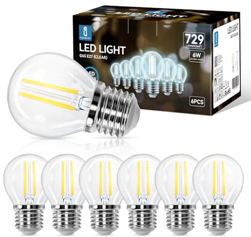 Aigostar LED Lampe Filament E27,729 Lumen,6W Ersetzt 55W,Kaltweiß 6500K,G45 Klar Glas Glühbirne,Nicht Dimmbar,6 Stück