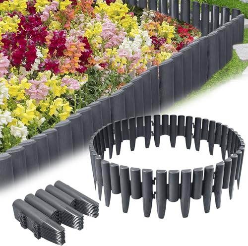 VA-Cerulean 90 Stück Kunststoff Rasenkante,25.2m Holzoptik Beeteinfassung,Beetumrandung Palisade,Gartenpalisade,Beetzaun,Randsteine,Anthrazit,1 Element (L x H): 28 x 24cm