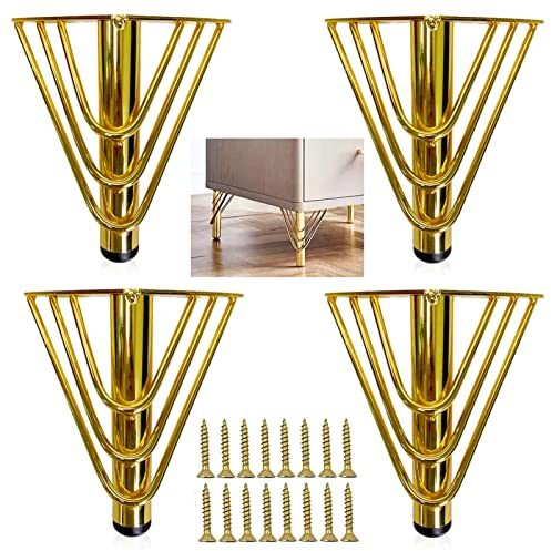 KMERCE 4pcs Möbelfüße Metall Gold 15cm, Schrankfüsse, Kommodenfüße, Sofa füße, Füße für möbel, Tischbeine für Couchtisch, Sofa, TV-Schrank, Bett, Sideboard, Mit Schrauben+Anti-Rutsch Stummschaltbasis
