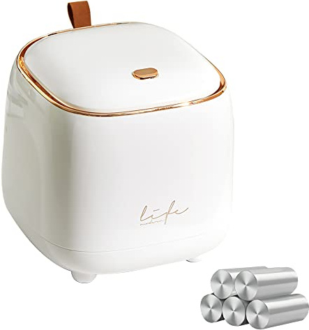 WDPUCHU Mini Countertop Trash Can with 5 Rolls of Trash Bags, Waste Can with Press Type Lid, 0.5 Gallon/1.5 Liter Wastebasket Trash Can Dispenser, Mini Bin for Bathroom Vanity,Coffee Table (White)