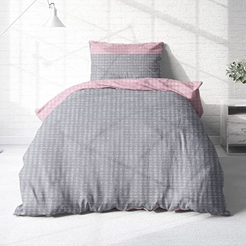 Träumschön Biber Bettwäsche Set 2tlg 155x220 cm + 80x80 cm – Flauschige Wendebettwäsche Rosa/Grau – Weiche Winterbettwäsche mit Muster - Atmungsaktiv, Warm & Hautfreundlich - 100% Baumwolle