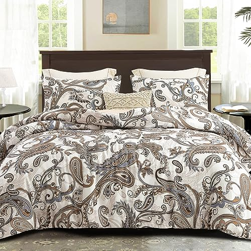 Whale Flotilla Bettdecke in 200x200 cm, Atmungsaktive und Weiche Steppdecke Schlafdecke für 4 Jahreszeiten mit 2 Kissenbezügen, Beige Paisley