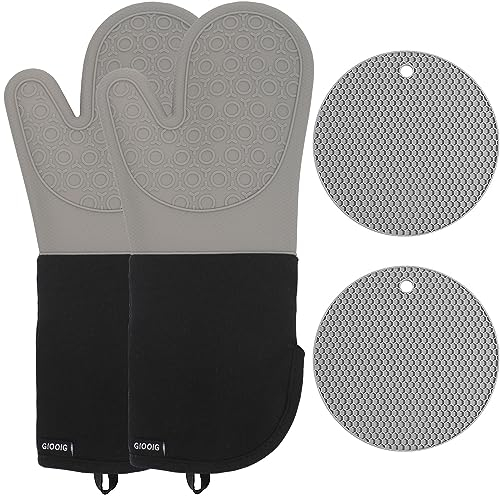 Extra lange Silikon-Ofenhandschuhe, hitzebeständig und Topflappen, rutschfester, strukturierter Griff mit gestepptem Baumwollfutter, perfekt zum Backen, Kochen, Grillen, 1 Paar 38,1 cm (15 Zoll) (grau
