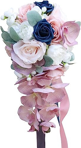 Holding Flowers, Wedding Bouquet,Wedding Bouquet,Holding Flowers, 9 Inch Orchid Bridal Bouquets for Bride, Artificial Pink Rose Wedding Bouquets, Cascading Bouquet for Wedding Party Ceremony Decor, Br