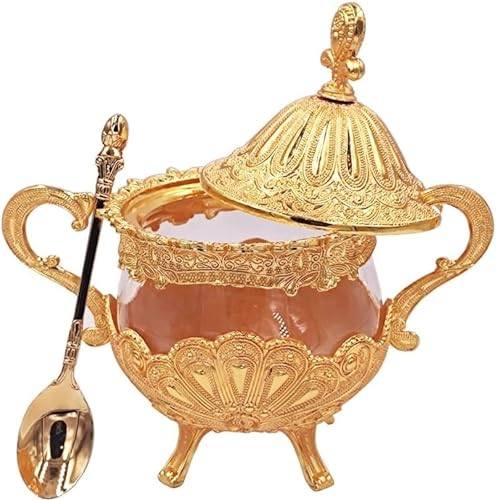 RiJpex Pot à épices, sucrier, sucrier avec Couvercle et cuillère for Cuisine, café, fête de Mariage, récipient à Sucre en métal et Verre for Sucre en Sucre et Sucre en Poudre, doré (