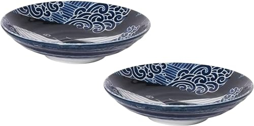 Plato hondo de cerámica japonesa Mino-yaki, para sopa ensalada pasta 22 cm, diseño de ballena azul, juego de 2 platos, fabricado en Japón, 797692