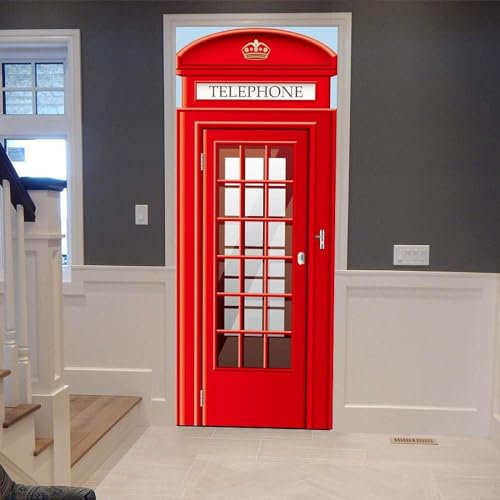 3D Tür Tapete Selbstklebend Tür Aufkleber Poster Wandbild Tür Kunst Wandaufkleber Foto Rote Telefonzelle 90 X 210 Cm Pvc Abnehmbare Tür Dekoration Für Wohnzimmer Schlafzimmer Bad Küche Büro-9U8I7U1T2