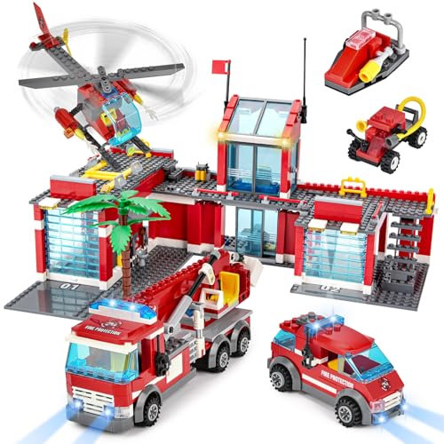 IEEILULU City Feuerwehr Bausteine, Feuerwehrstation Set Kinder, Feuerwehrauto LKW Helicopter Spielzeugset Krankenwagen Feuerwehr Spielzeug Geschenk für Kinder Jungen Mädchen Alter 6+ Jahren