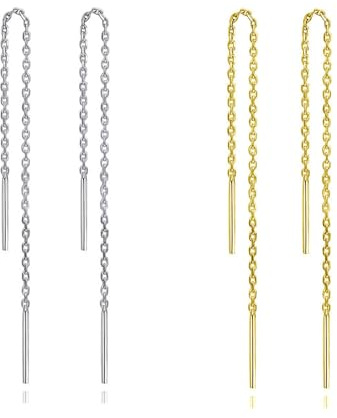 HinDaLi 925 Sterling Silver Long Bar Tassel Earrings for Women Girls | 2 Pairs, Threader Earring, Silver Chain, Gold Pull Through