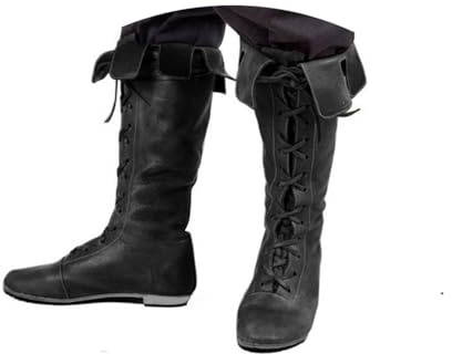 Agiyenna Stivali Medievali da Uomo Scarpe Steampunk Rinascimentali Stivali Western Retrò Stivali Slip-On Piatti con Tacco Spesso Stivali da Moto Casual Stringati Media Altezza in Tinta Unita