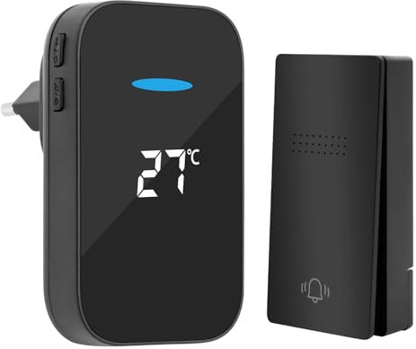 RISVOWO Campanello Senza Fili da Esterno, Campanello Wireless Impermeabile IP67 con Raggio d’Azione 300M, Plug in Campanello Wireless con 4 Volumi Regolabili, 38 Suonerie, Indicatori LED, Nero