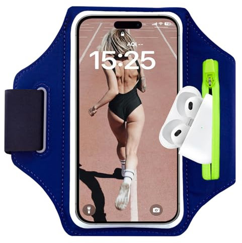 6.8’’ Running Armband Phone Holder with Airpods Bag, Sweatproof Mobile Phone Sport Armbands, Phone Strap Compatibled with iphone 16 15 14 13 12 11 X 8 Plus Pro Max and Samsung (Dark Blue)