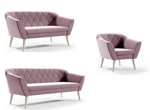 Sofello Couchgarnitur Gloria Wohnzimmerset 3+2+1 Sitzer Samt Hohe Holzfüße Buche (Riviera 62 - Rosa)