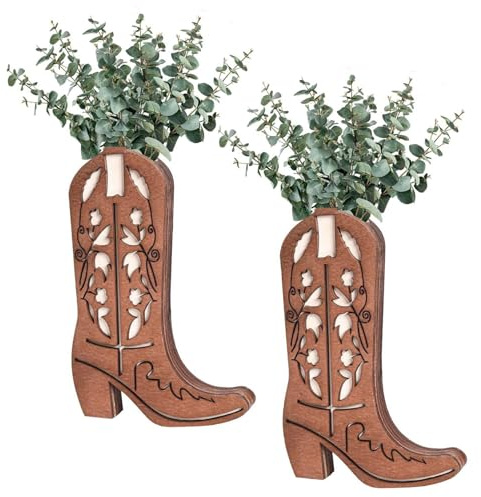 Cowboy -Stiefel -Vase für Blumen, 2pcs 7, 9x11, 8 Zoll Holzwand Pflanzer, Hängende Wandtasche Vase mit Haken für Schlafzimmer Küchenbüro Haus
