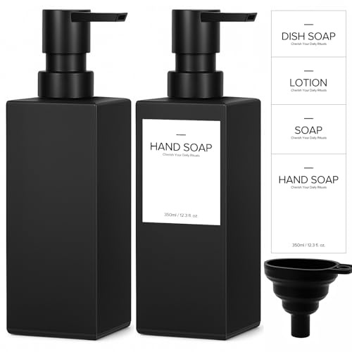 Maxumille 2 x 350ml Seifenspender Spülmittelspender Schwarz Matt für Küche | Seifenspender Schwarz Glas mit Trichter & Etiketten, Handseifenspender, Flüssigseifenspender, Soap Dispenser für Badezimmer