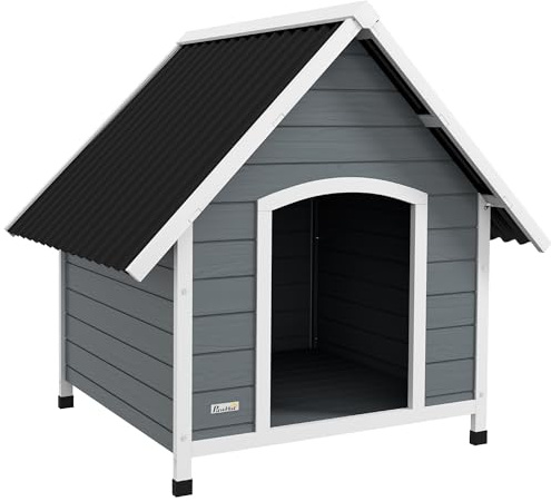 PawHut Outdoor Dog Kennel, Wooden Dog House with Elevated Pet Shelter, Removable Floor, Anti-Corrosion Wood, for Large Dogs, 106.5H x 110W x 98Dcm - Grey