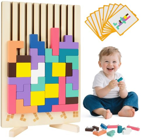 Ainiv Holzpuzzle Knobelspiele, Wooden Stacking Puzzle | Montessori Spielzeug Spiel Holz, 3D Gehirn Puzzle mit 10 Karten, Lernspielzeug, Intelligenz Jigsaw, Gehirn Spielzeug