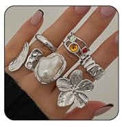 Yamobi 6 Stück Silberne Ring Set, wasserfest, ideal für Damen, mit Blumen, Perlen und Kristallen, Einfache Modebewusste stapelbare Fingerringe Pack für jeden Anlass