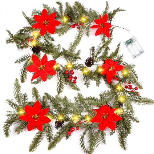 JOFONY Weihnachtsgirlande mit Beleuchtung, 1.8M Tannengirlande mit Blumen Tannenzapfen und Rote Beere, Künstliche Weihnachten Girlande mit 35 LED für Haustür Treppen Kamin weihnachtsdeko