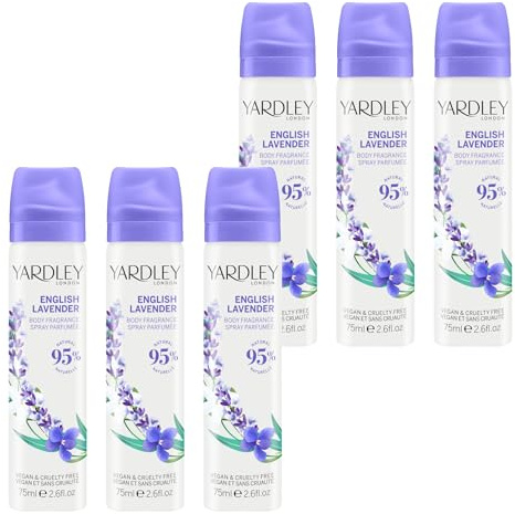Yardley London English Lavender Spray Corporal, Spray Corporal Floral para Mujer con Notas de Geranio y Jazmín, Bruma Corporal Lavender para Mujer 6 x 75ml