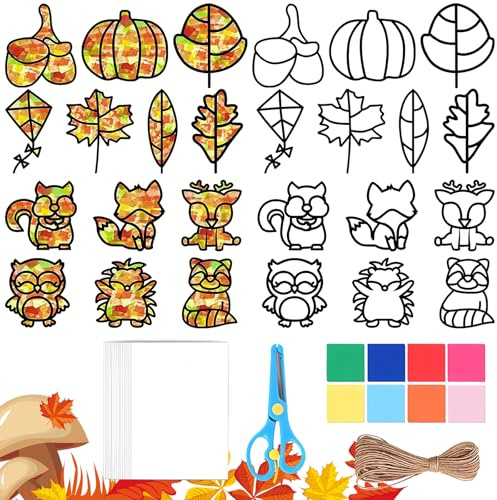 Bogoro 13 Stück Bastelset herbst diy bastelset blätter deko Herbst Basteln Kinder mit Schere und Hanfseil Geeignet für Kinder Herbstblätter für Fenster Wände Weihnachten Halloween Thanksgiving