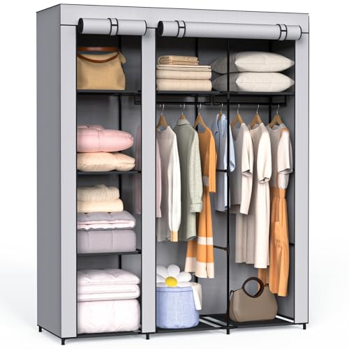 Newthinking Fabric Canvas Wardrobe, Portable Temporary Wardrobe with Hanging Rail and Zipper for Bedroom Clothes Storage Organiser, Grey