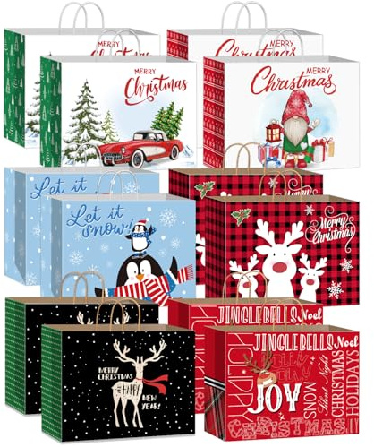 DECHISY 12 Stück Geschenktüten Weihnachten Groß xxl, Papiertüten Weihnachten mit Griffen, Weihnachtstüten mit 6 Designs, Weihnachts Geschenktüten für Neujahr Dekorationen, 43 x 32 x 18cm
