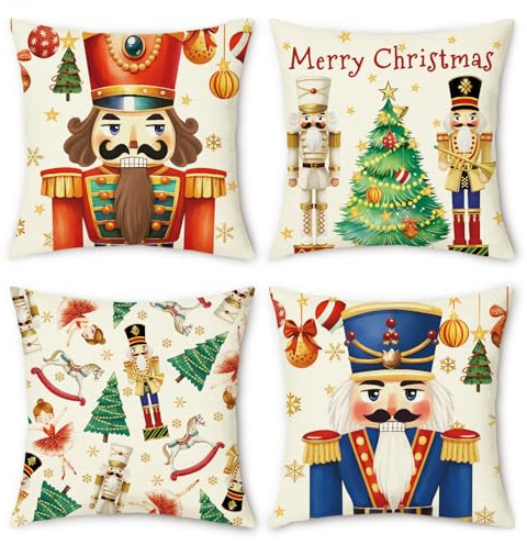 NymphFable Linen Nutcracker Throw Pillow Covers 45x45 cm Set of 4 | Classic Christmas Decorative Pillow Covers, Festive Holiday Home Decor, for Couch Bed Chair Sofa Living Room