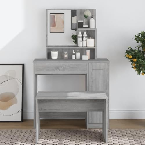 Toletta con Specchio in Legno Ingegnerizzato,Vanity Desk for Makeup Stile Moderno Grigio Sonoma,Toilette da Trucco con Cassetto e Ripiani,Postazione Trucco per Mobili Camera da Letto,86.5x35x136 cm