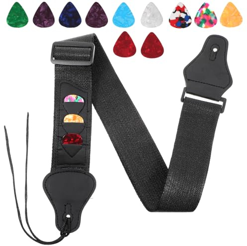 KFHENSOMR Sangle de guitare pour guitare électrique et acoustique - Sangle tressée réglable avec 3 extrémités en cuir et 10 supports pour médiators pour guitare folk - Noir