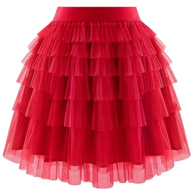 Bbonlinedress Gonna da donna a mezza lunghezza in tulle con balze, elegante per ballo di fine anno, festa, cerimonia, in vita elastica, rosso, S