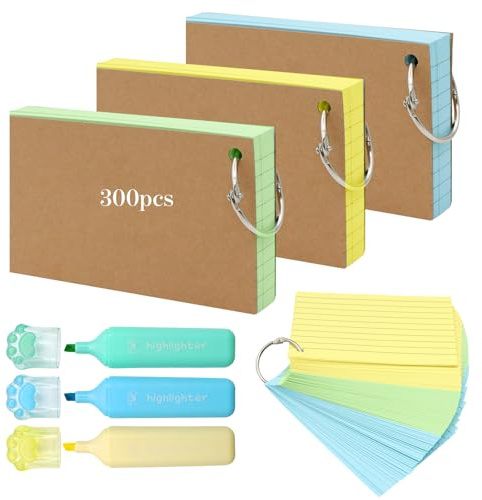 300 Stück A7 Linierte Lernkarten mit Krafteinband und Loseblattring,3 Farben Vokabelkarten,Kleine Bunte Karteikarten Mit Kraftpapierumschl Geeignet für Zuhause, Schule und Büro,(12.7 × 7.6 cm）