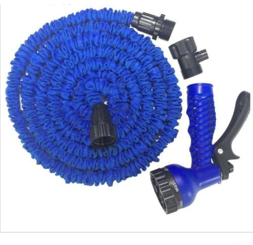 Manguera de jardín extensible, manguera de agua de jardín con pulverizador de 7 modos, tubo flexible para limpieza al aire libre, compatible con conectores estándar (50 pies y 15 metros, azul)