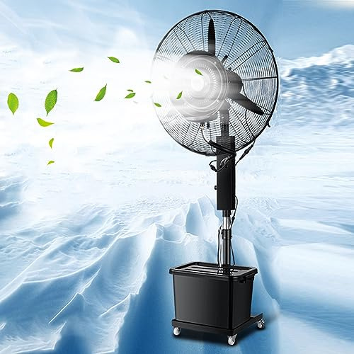 Ventilador industrial con función oscilante y gran depósito de agua para refrigeración al aire libre