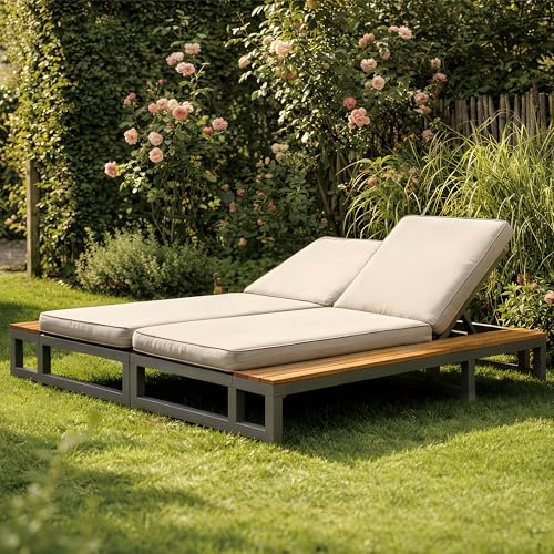 FammyLoft Outdoor Patio Daybed mit Regalen, Outdoor Wasserdichtes Sofabett mit Verstellbarer Rückenlehnenwinkel, Multifunktionales Camping Liegebett, Doppel-Liegebett, Sonnenliege, Gartenliege