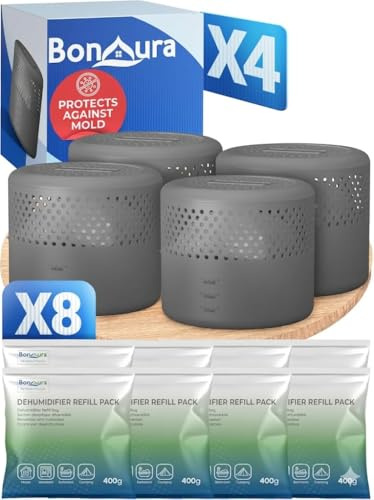BonAura 4 deumidificatori senza corrente + 8 confezioni di ricarica da 400 ml – Deumidificatore per ambienti fino a 430 m² per cantine, bagni e molto altro – Deumidificatore e granuli in un set