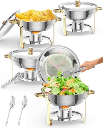 4er Set Chafing Dish 5L Gold Edelstahl – Professionelles Buffet-Warmhaltegerät mit Deckelhalter, Löffel & Pinzette – Langlebig & leicht zu reinigen – 2x2