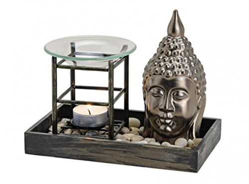 meindekoartikel Duftlampe-Set Buddha B19/T11/H12 cm aus Keramik/Holz Aromalampe für Duftöl und Duftwachs dekoratives Wellness Wohnaccessoire entspannende Raumduft Deko Geschenkidee