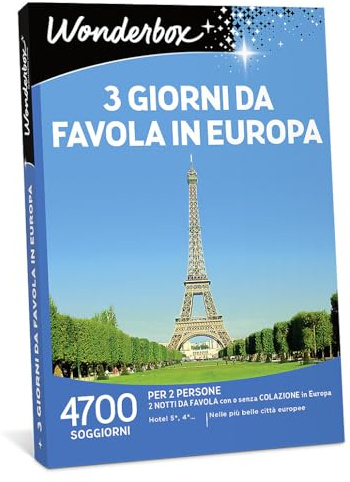 WONDERBOX - Cofanetto Regalo - 3 Giorni da Favola in Europa - per 2 Persone | 2 notti con o senza colazione - Più di 4700 soggiorni - Hotel 5* e 4* nelle più belle città europee