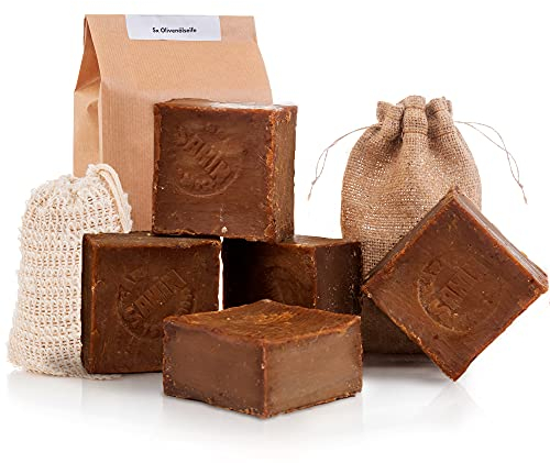 Natura Germania Aleppo Seife 3x je ca. 200 gr (600 gr) 100% Olivenöl + Sisal Seifensäckchen | - Haarseife, Naturseife, Duschseife | Handarbeit + Vegan