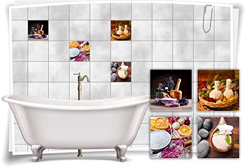 Medianlux Fliesen-Aufkleber SPA Wellness Salz Schale Öl Flieder Orange Lila Holz Bad WC Deko, 15x15cm fp5p423q-133921