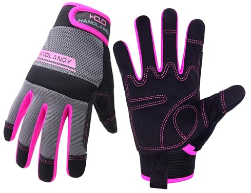 Guantes de trabajo de utilidad para mujer, guantes de trabajo mecánicos de construcción de jardinería (grande, rosa)