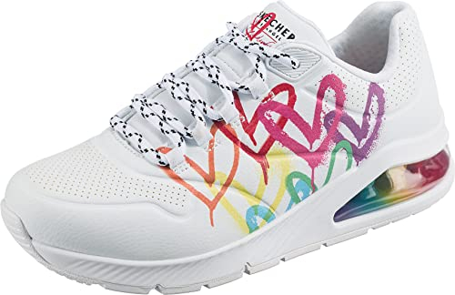 Skechers Uno 2 Amore Galleggiante, Scarpe da ginnastica Donna, Wht Duraleather Multi Color Heart Print Trim, 41 EU