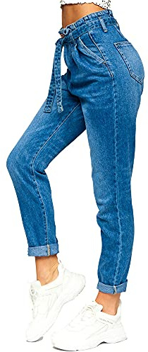 BOLF Mujer Pantalón Vaquero Mom Fit Tejano Denim Jeans Pantalón de Mezclilla Vaqueros de Algodón Slim Fit Estilo Diario DM312N-4 Azul Oscuro S [F6F]
