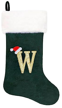 Eoocan 50.8 cm Monogramm Weihnachtsstrümpfe, grüner Samt mit weißem super weichem Plüsch, bestickt, Weihnachtsstrümpfe, klassische, Urlaub, Dekoration (Buchstabe W)