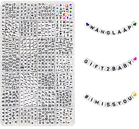 WangLaap 1120Pcs Acrylperlen 6x6mm Alphabet Buchstabenperlen quadratische Perlen mit Zahlen bunte Herzen (weiß)