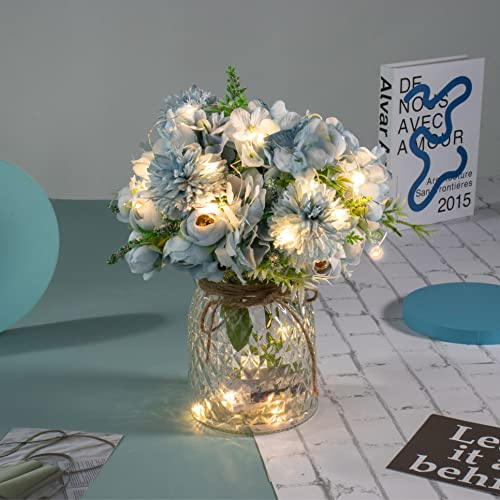 Artificial LED Blue Rose Flowers with Glass Vase, Remote Control Led Light, Flower Arrangement for Table Centerpiece, Home Office Wedding Decoration (Blue)