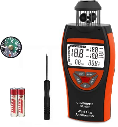 GOYERRNES Digital Anemometer Handheld GR-8806 Wind Meter Air Velocity Tester Measure Wind Speed m/s, km/h, mph, Knots Temperature ℃ /℉ Support Tripod Screw, Data Retention, Backlight