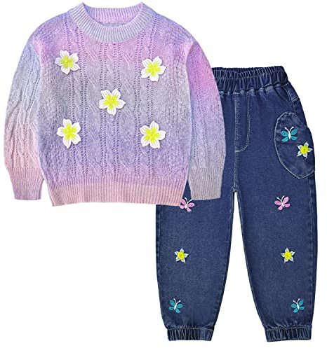 Peacolate Conjuntos para Niña, ropa de 2 piezas para niñas, suéter térmico de manga larga y jeans y pantalones bordados para otoño e invierno, morado, 6-7 Años