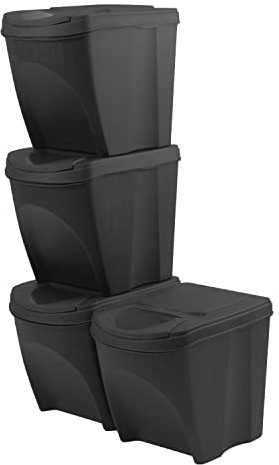 IMJ-Global Set de 4 Contenedores Basura Reciclaje 4 Compartimentos Apilables Reciclables Antracita ECO Cubo de Basura para Interior Casa de Cocina